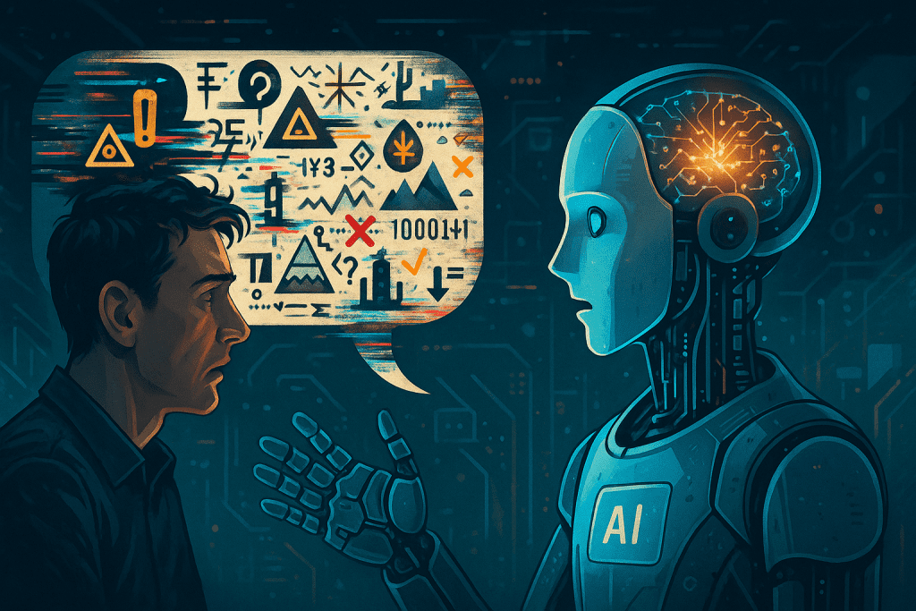 Ilustração digital horizontal mostrando um humano a interagir com um chatbot de IA, cujo cérebro em rede neural emite respostas com símbolos distorcidos e informações falsas, representando alucinações em inteligência artificial.