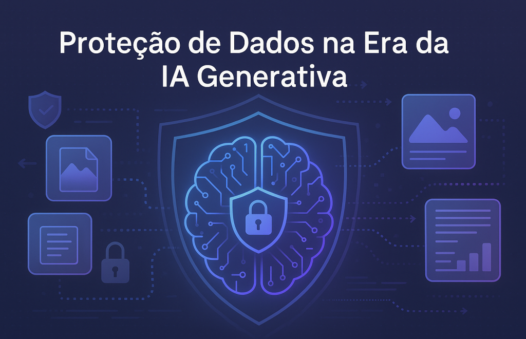 Representação visual da proteção de dados na IA generativa: cérebro digital protegido por um escudo e cadeado, simbolizando privacidade digital, direito ao esquecimento e rastreabilidade de dados no ciclo de vida da inteligência artificial. A imagem ilustra a relação entre modelos de linguagem e a necessidade de compliance com o GDPR e o AI Act