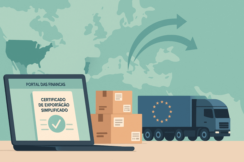 Ilustração em estilo flat de um processo de exportação simplificado em Portugal: um computador portátil mostra no ecrã o 'Certificado de Exportação Simplificado' no Portal das Finanças; ao lado, há caixas de encomendas prontas para envio e um camião azul com a bandeira da União Europeia; ao fundo, um mapa com Portugal em destaque e setas apontando para destinos internacionais.