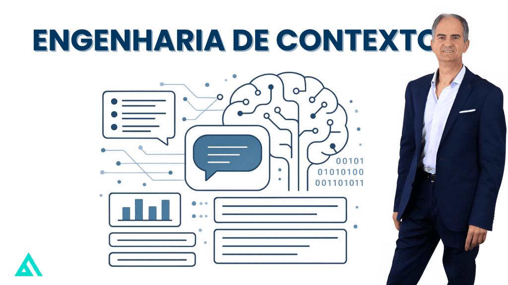 Ilustração de inteligência artificial a organizar dados contextuais em camadas, representando a engenharia de contexto em modelos de linguagem