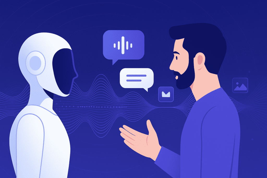 Ilustração futurista de um utilizador humano a conversar com um assistente virtual de IA em tempo real, representando o gpt-realtime da OpenAI, com ondas sonoras digitais e ícones multimodais.
