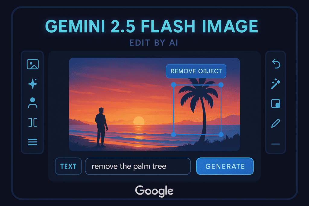 Interface do Google Gemini 2.5 Flash Image mostrando edição de imagem com ferramentas de IA num ecrã digital