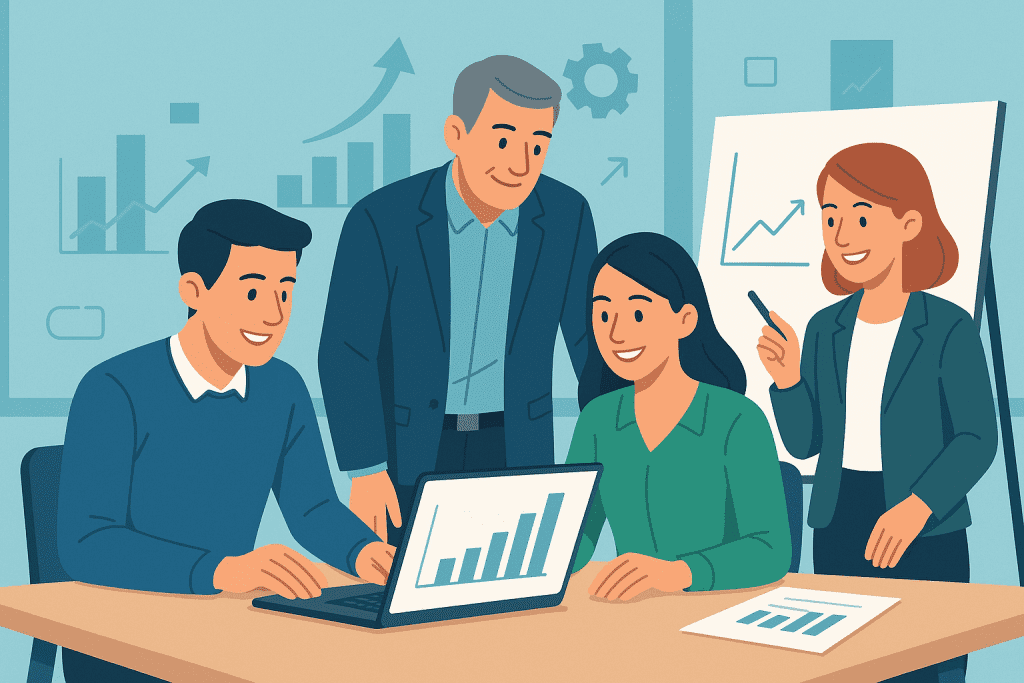 Equipa de PME reunida à volta de uma mesa moderna, analisando gráficos num portátil e num quadro branco, num escritório iluminado, representando crescimento empresarial e trabalho em equipa