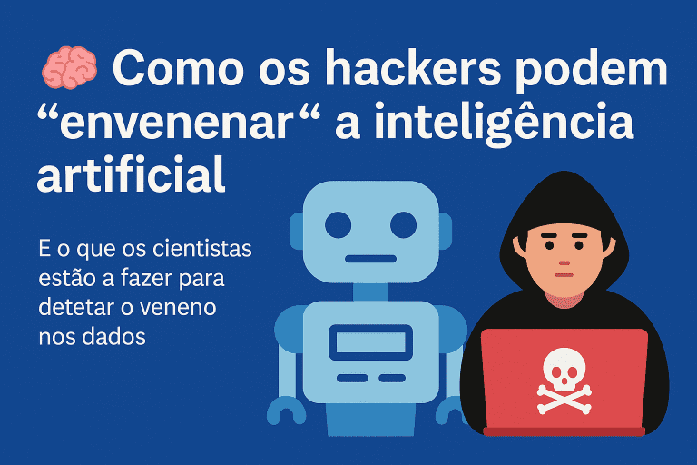 Ilustração conceptual de inteligência artificial com um cérebro digital e elementos a representar hackers e código, acompanhada do título “Como os hackers podem envenenar a inteligência artificial.