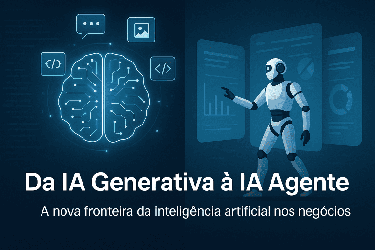 Ilustração digital que mostra a transição entre ia generativa vs ia agente, com um cérebro digital à esquerda e um robô a interagir com ecrãs de dados à direita, em tons azul-escuro e ciano.