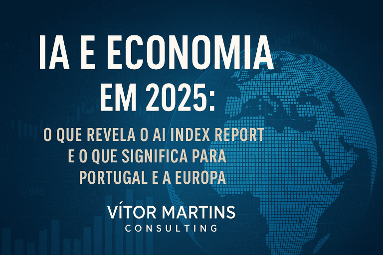 Gráfico e título “IA e Economia em 2025 – O impacto da Inteligência Artificial na produtividade global e em Portugal”, com fundo azul tecnológico e logótipo da Vítor Martins Consulting.
