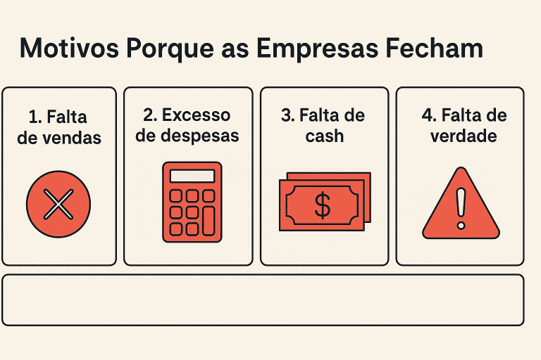 Infográfico horizontal com o título “Motivos Porque as Empresas Fecham”, apresentando quatro causas principais: falta de vendas, excesso de despesas, falta de cash e falta de verdade, com ícones ilustrativos em vermelho.