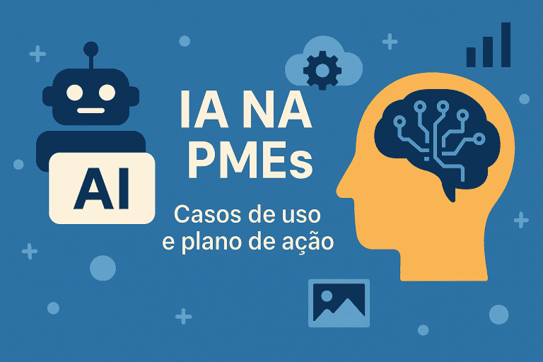 Imagem horizontal com o título “IA nas PMEs” e o subtítulo “Casos de uso e plano de ação”, sobre um fundo azul com ícones de robô, engrenagem, gráfico e uma silhueta de cabeça com cérebro digital, representando a aplicação da inteligência artificial em pequenas e médias empresas.