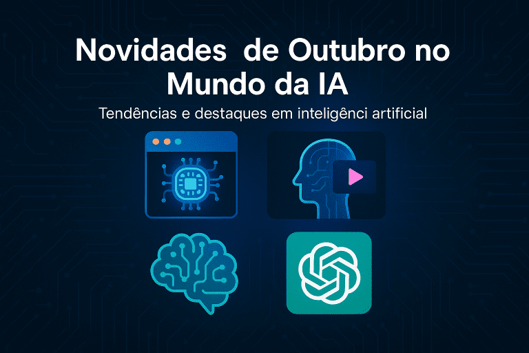 Capa horizontal com o título “Novidades de Outubro no Mundo da IA” sobre um fundo azul com padrão de circuitos, acompanhada por ícones de um chip, um cérebro digital, uma cabeça com símbolo de vídeo e o logótipo do ChatGPT, representando as principais tendências de inteligência artificial.