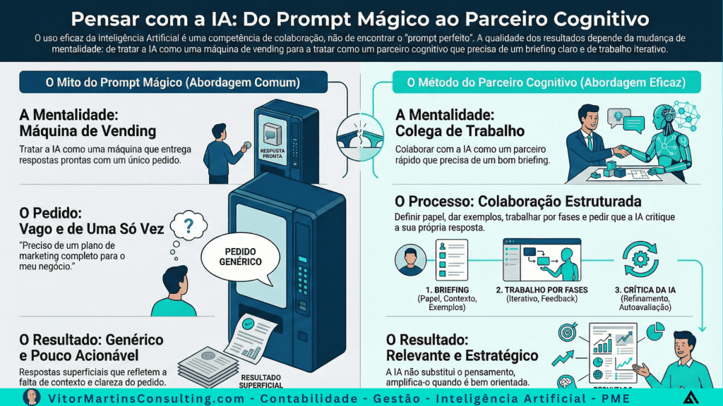 Prompt mágico Infografia a comparar duas abordagens ao uso da inteligência artificial: à esquerda, a IA como ‘máquina de vending’ com pedidos vagos e resultados genéricos; à direita, a IA como parceiro cognitivo com briefing, trabalho por fases e crítica, gerando resultados relevantes e estratégicos.